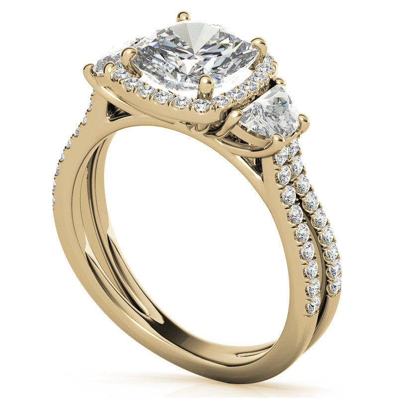 Cushion Moissanite Halo Engagement Ring with Halfmoon Accents and Split Shank Band