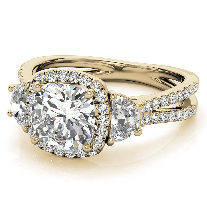 Cushion Moissanite Halo Engagement Ring with Halfmoon Accents and Split Shank Band
