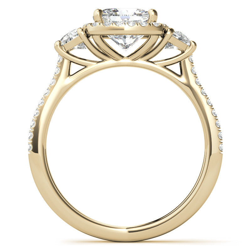 Cushion Moissanite Halo Engagement Ring with Halfmoon Accents and Split Shank Band