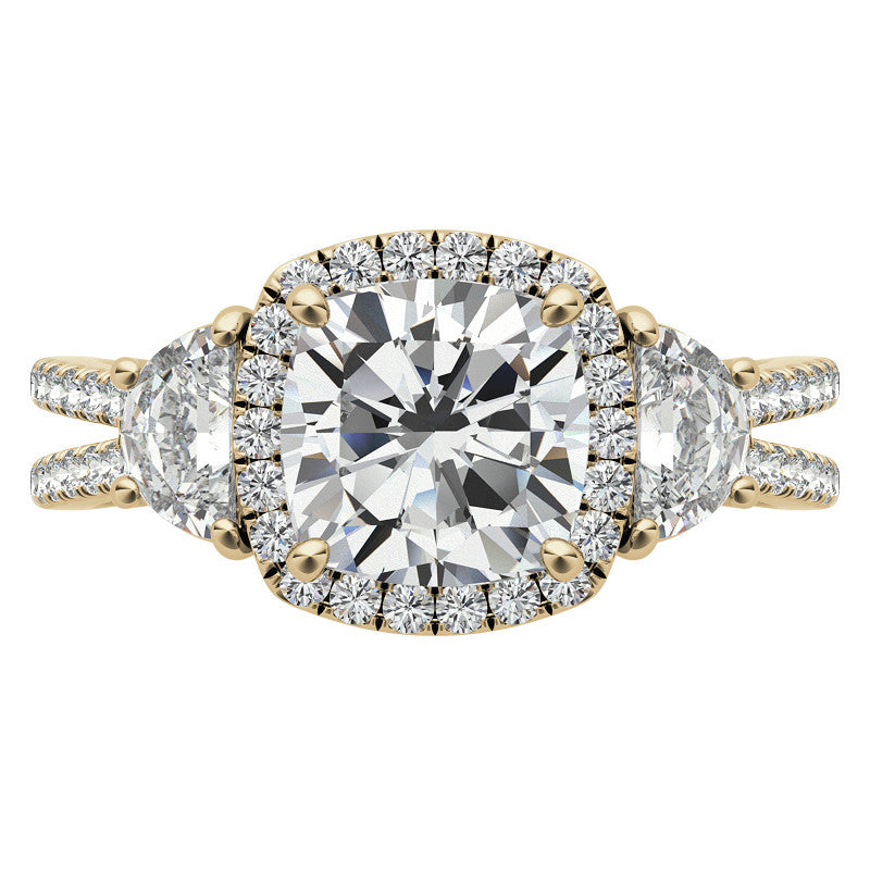 Cushion Moissanite Halo Engagement Ring with Halfmoon Accents and Split Shank Band