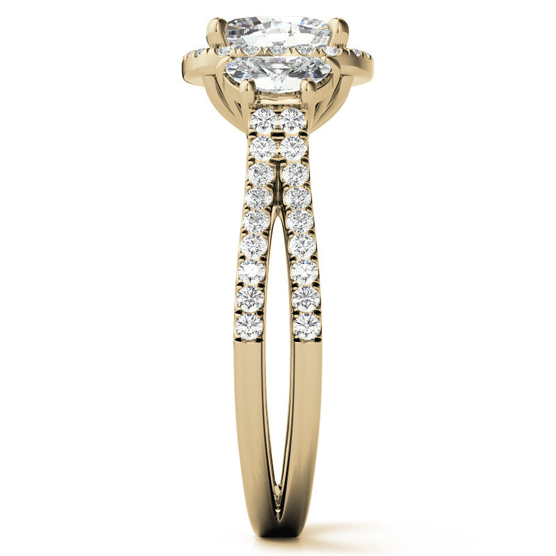 Cushion Moissanite Halo Engagement Ring with Halfmoon Accents and Split Shank Band