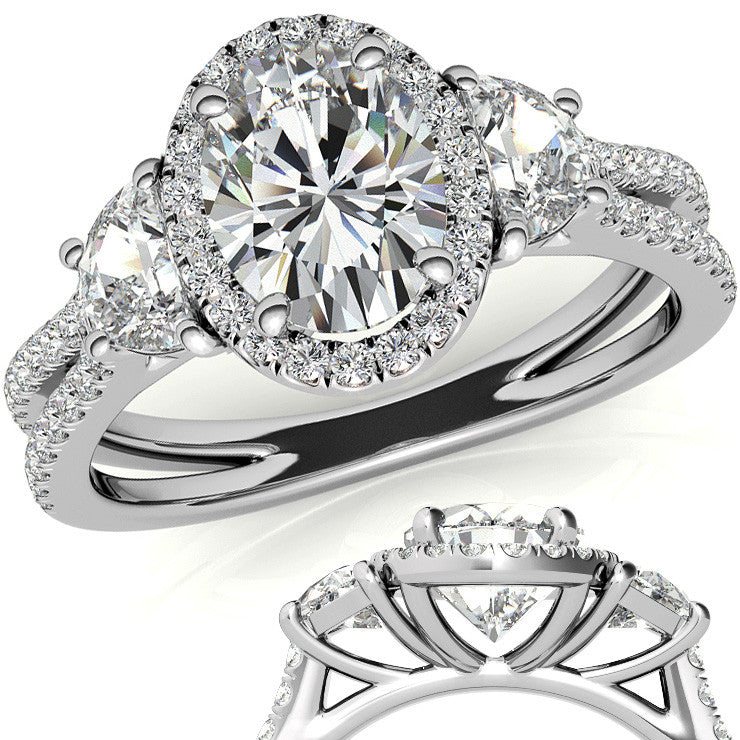 Oval Moissanite Halo Engagement Ring with Halfmoon Accents and Split Shank Band