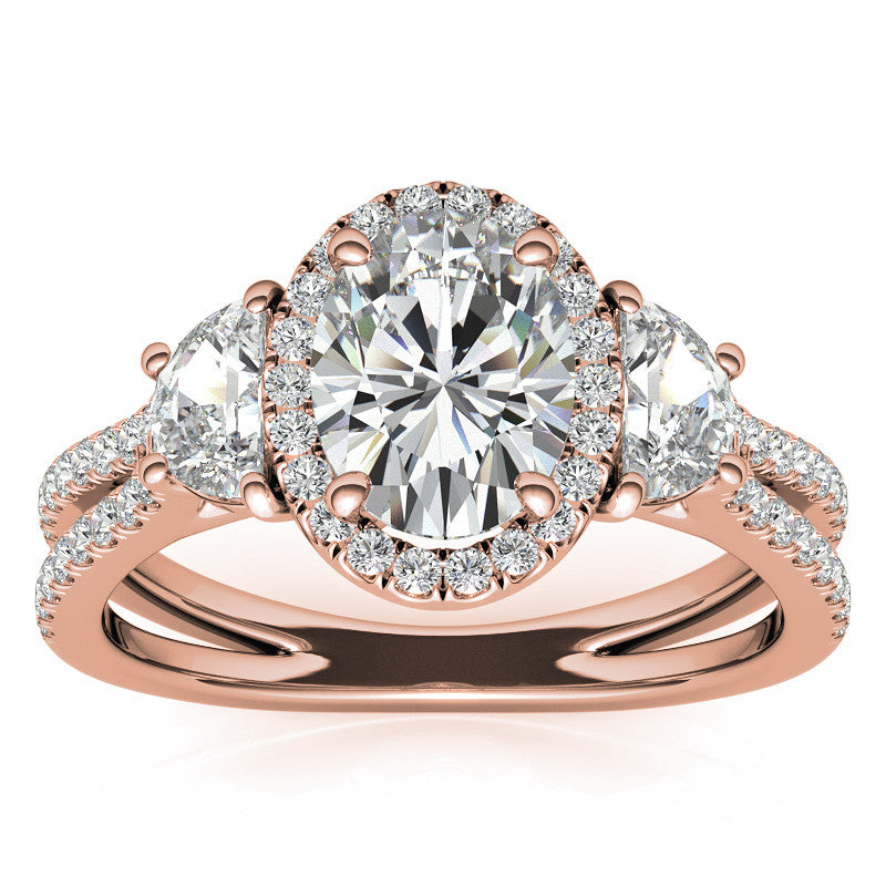 Oval Moissanite Halo Engagement Ring with Halfmoon Accents and Split Shank Band
