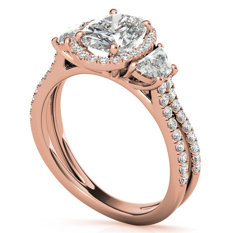 Oval Moissanite Halo Engagement Ring with Halfmoon Accents and Split Shank Band