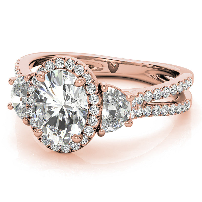 Oval Moissanite Halo Engagement Ring with Halfmoon Accents and Split Shank Band