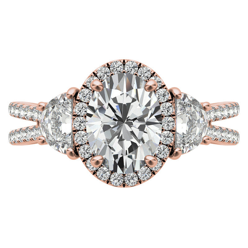 Oval Moissanite Halo Engagement Ring with Halfmoon Accents and Split Shank Band