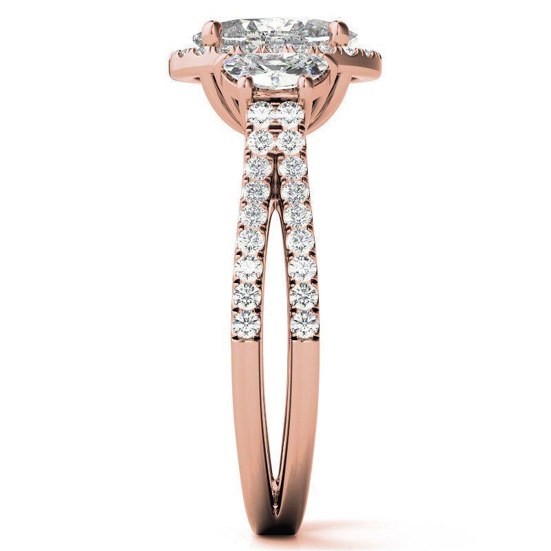 Oval Moissanite Halo Engagement Ring with Halfmoon Accents and Split Shank Band
