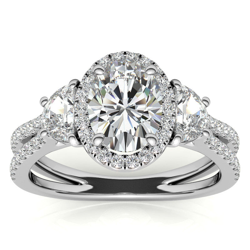 Oval Moissanite Halo Engagement Ring with Halfmoon Accents and Split Shank Band