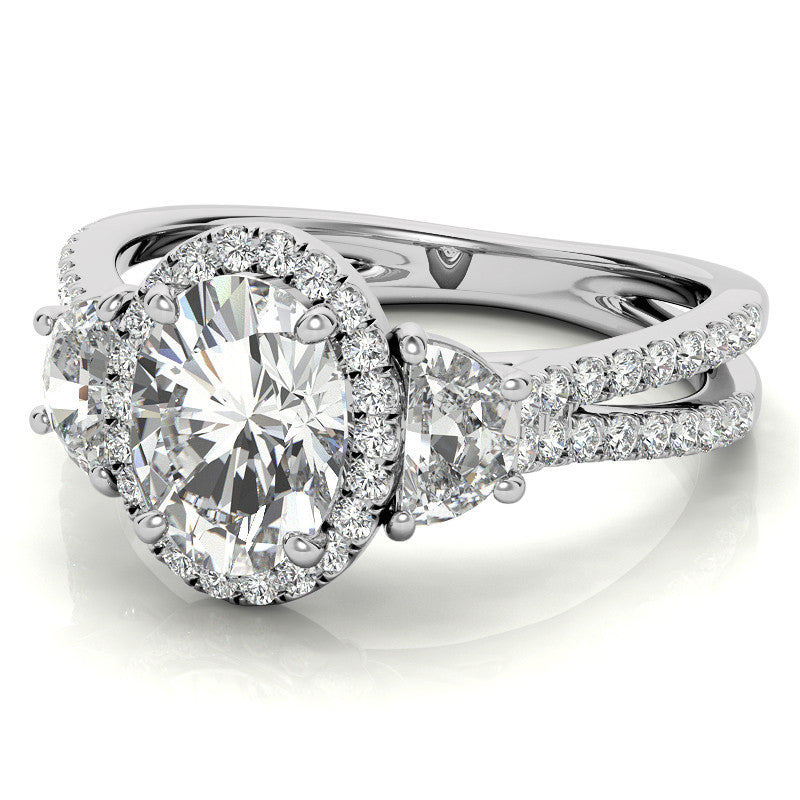 Oval Moissanite Halo Engagement Ring with Halfmoon Accents and Split Shank Band