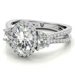Oval Moissanite Halo Engagement Ring with Halfmoon Accents and Split Shank Band