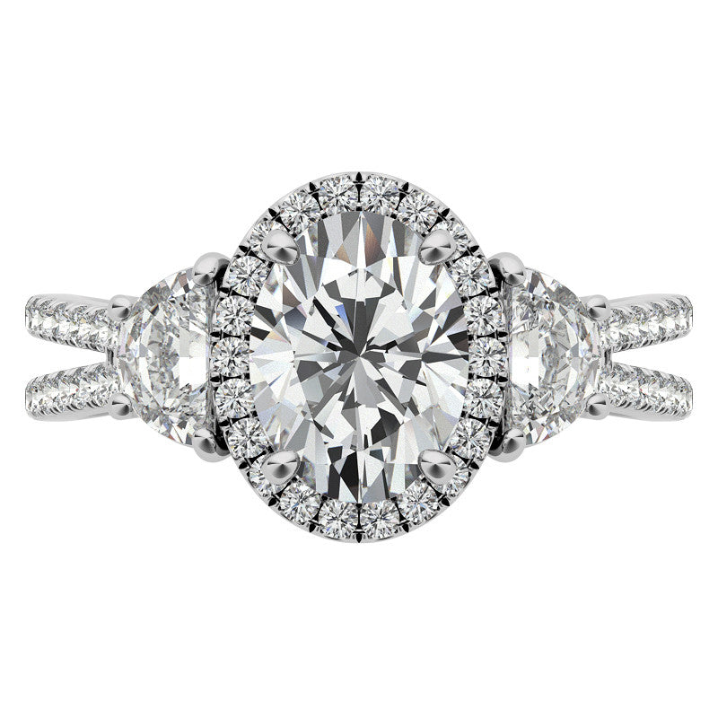 Oval Moissanite Halo Engagement Ring with Halfmoon Accents and Split Shank Band