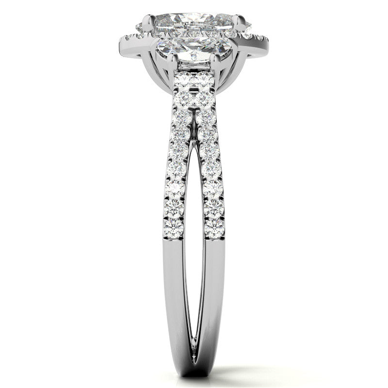 Oval Moissanite Halo Engagement Ring with Halfmoon Accents and Split Shank Band