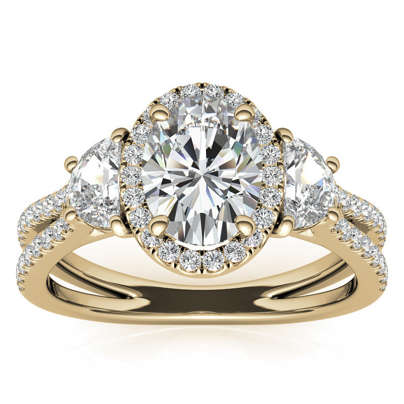 Oval Moissanite Halo Engagement Ring with Halfmoon Accents and Split Shank Band