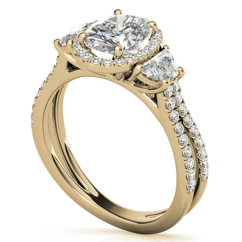 Oval Moissanite Halo Engagement Ring with Halfmoon Accents and Split Shank Band