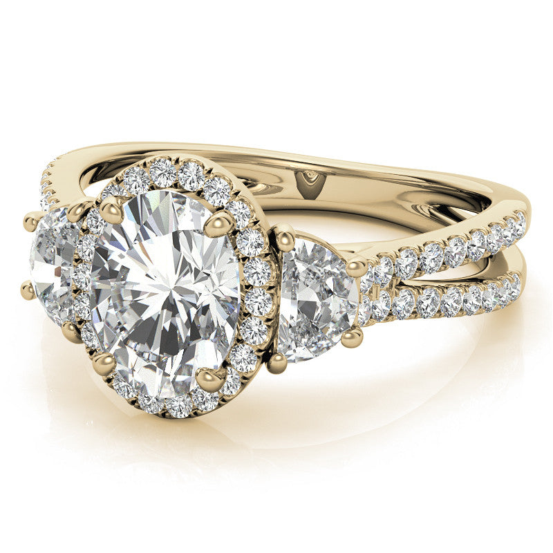 Oval Moissanite Halo Engagement Ring with Halfmoon Accents and Split Shank Band