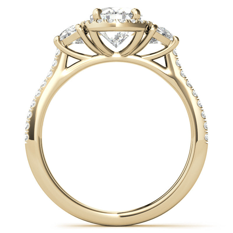 Oval Moissanite Halo Engagement Ring with Halfmoon Accents and Split Shank Band