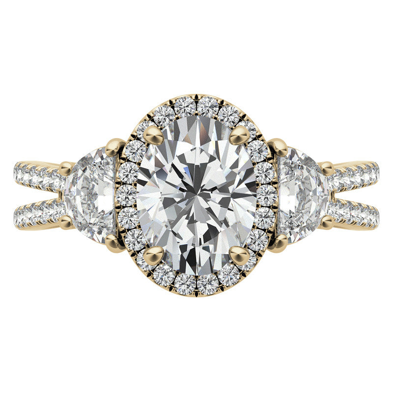Oval Moissanite Halo Engagement Ring with Halfmoon Accents and Split Shank Band