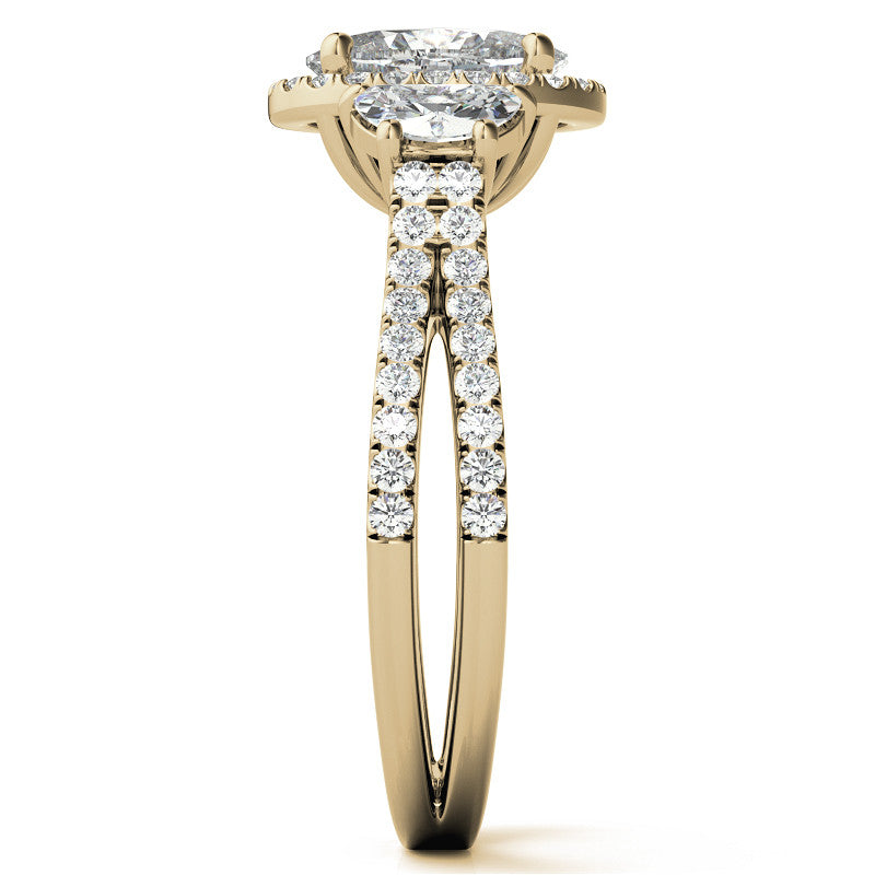 Oval Moissanite Halo Engagement Ring with Halfmoon Accents and Split Shank Band