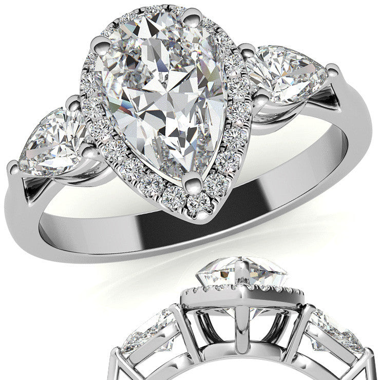 Pear Halo 3-stone Moissanite Engagement Ring