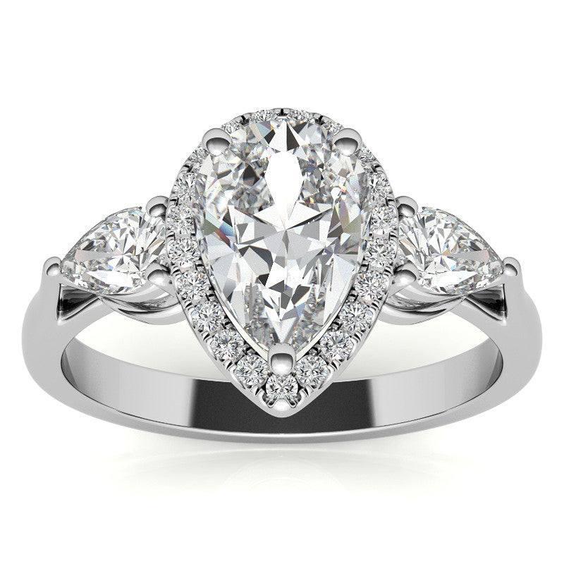 Pear Halo 3-stone Moissanite Engagement Ring