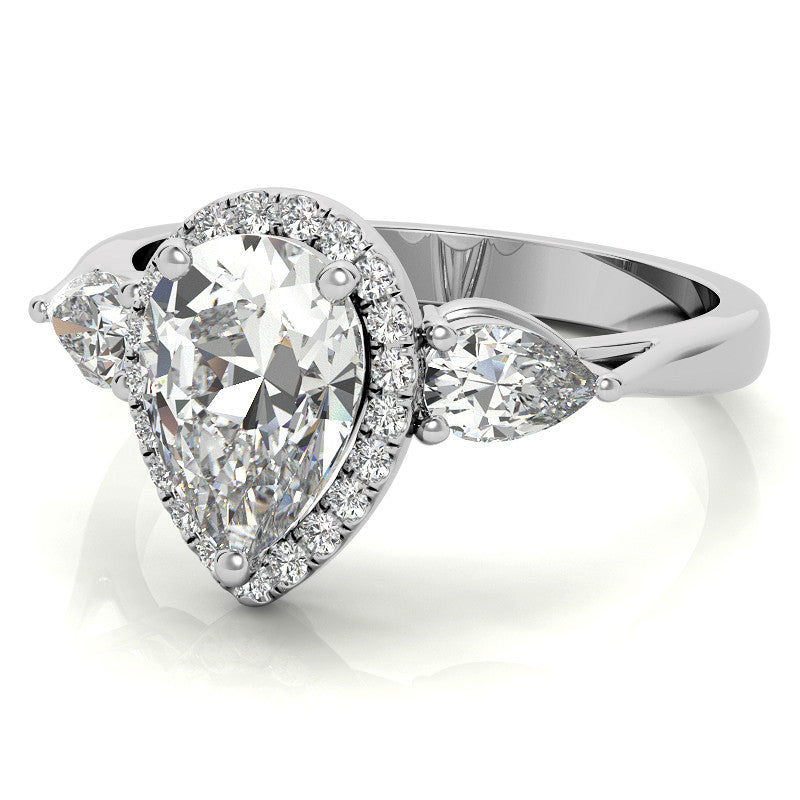 Pear Halo 3-stone Moissanite Engagement Ring