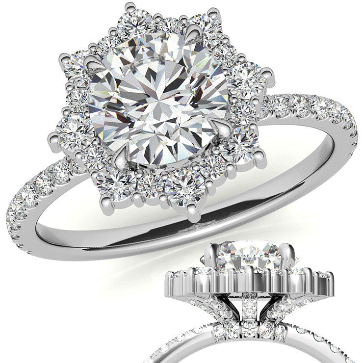 Round Brilliant Moissanite Fancy Snowflake Halo Moissanite Engagement Ring