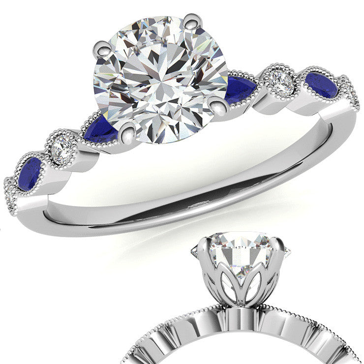 Bezel Round and Marquise Moissanite Engagement Ring with Crown Prongs