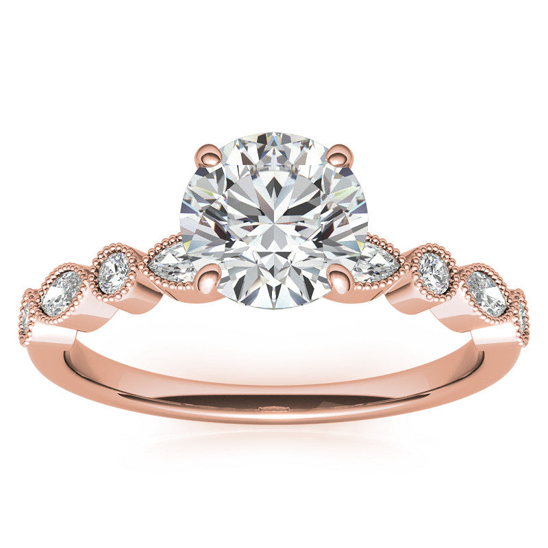 Bezel Round and Marquise Moissanite Engagement Ring with Crown Prongs