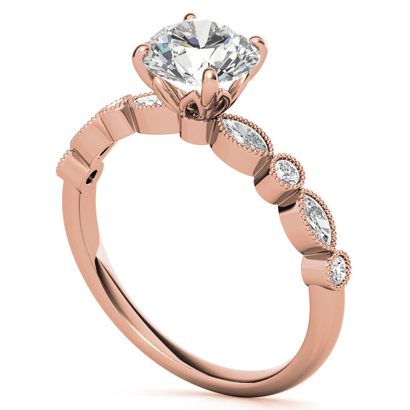 Bezel Round and Marquise Moissanite Engagement Ring with Crown Prongs