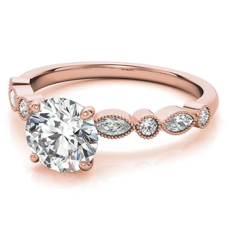 Bezel Round and Marquise Moissanite Engagement Ring with Crown Prongs