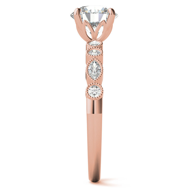 Bezel Round and Marquise Moissanite Engagement Ring with Crown Prongs