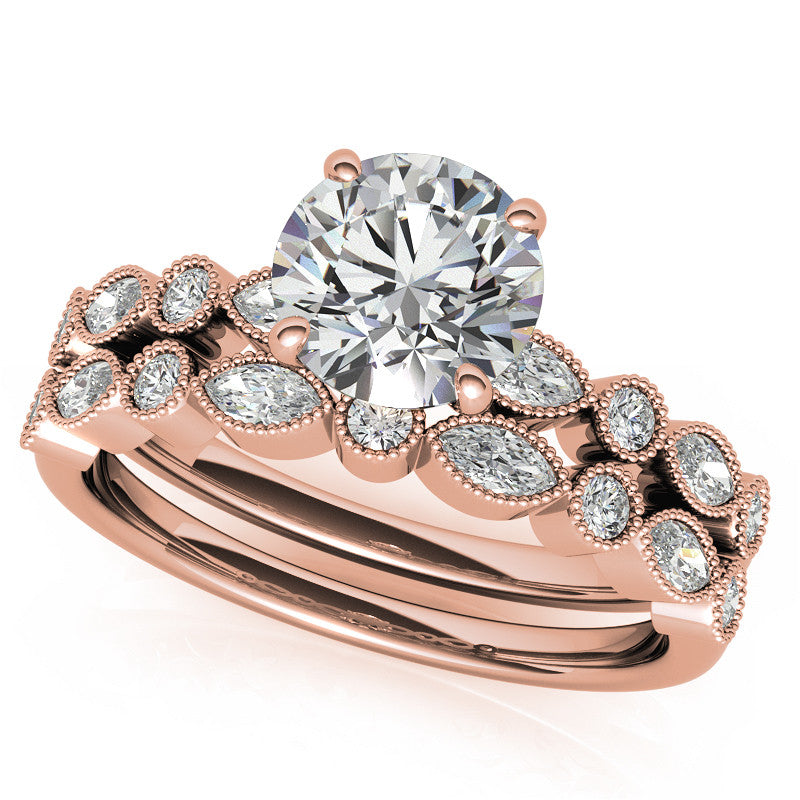 Bezel Round and Marquise Moissanite Engagement Ring with Crown Prongs