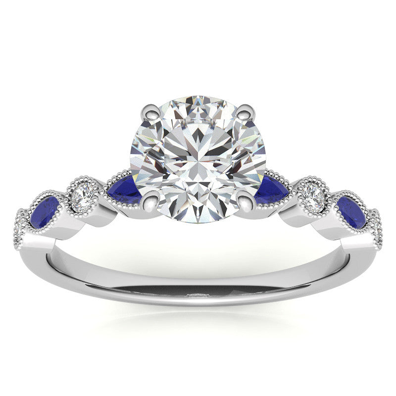 Bezel Round and Marquise Moissanite Engagement Ring with Crown Prongs