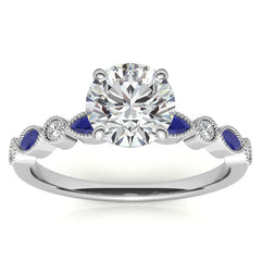 Bezel Round and Marquise Moissanite Engagement Ring with Crown Prongs