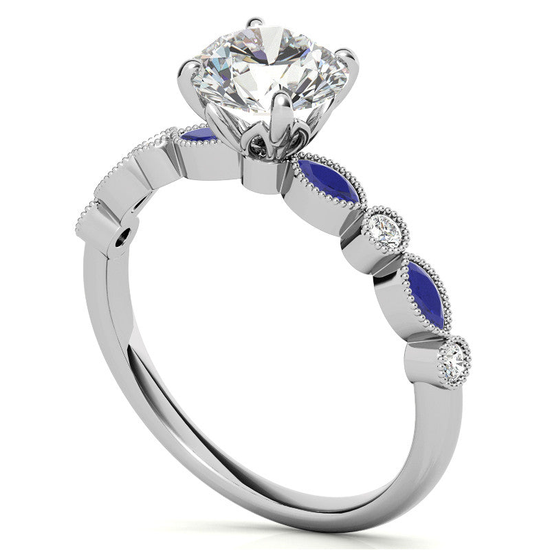 Bezel Round and Marquise Moissanite Engagement Ring with Crown Prongs