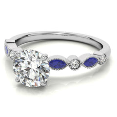 Bezel Round and Marquise Moissanite Engagement Ring with Crown Prongs