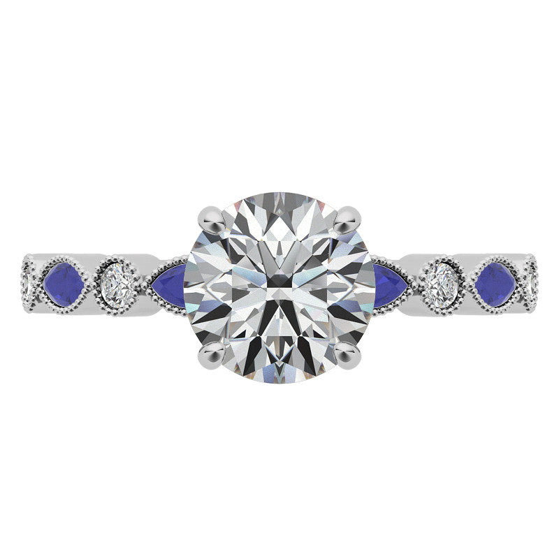 Bezel Round and Marquise Moissanite Engagement Ring with Crown Prongs