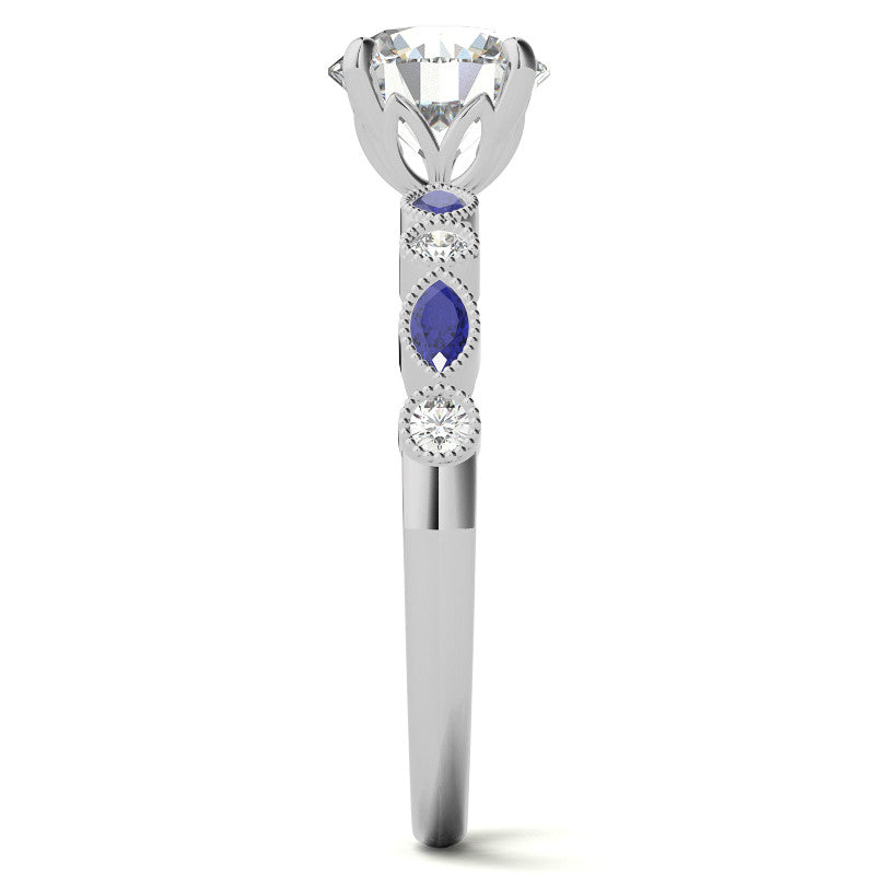Bezel Round and Marquise Moissanite Engagement Ring with Crown Prongs