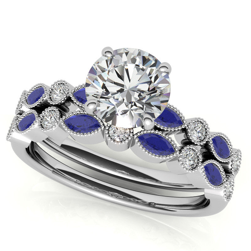 Bezel Round and Marquise Moissanite Engagement Ring with Crown Prongs
