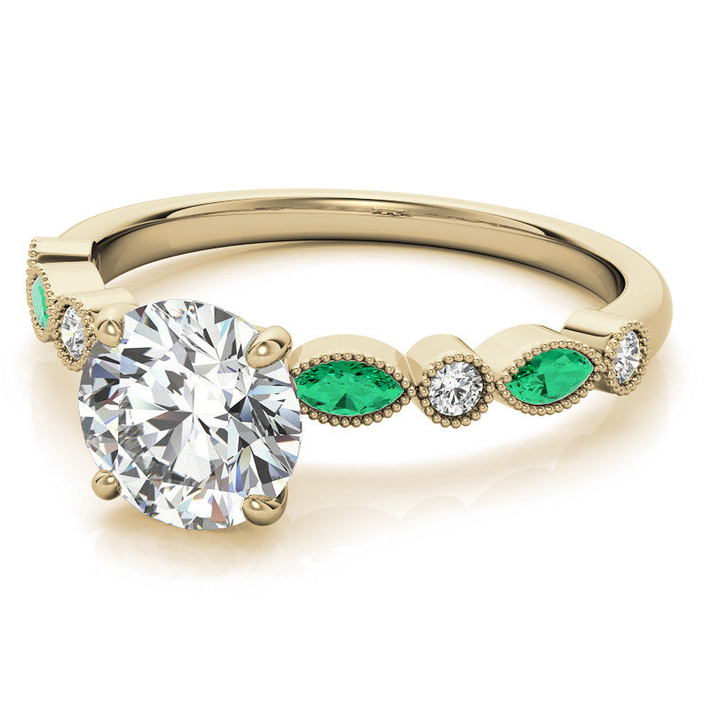 Bezel Round and Marquise Moissanite Engagement Ring with Crown Prongs
