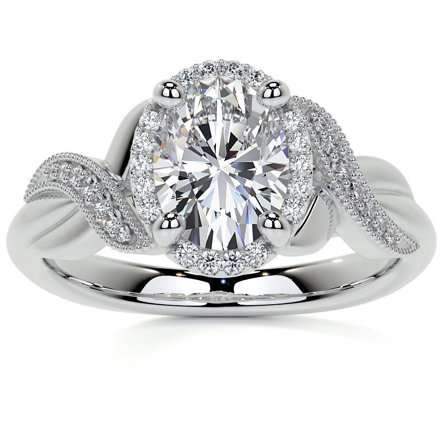 Antique Style Oval Moissanite Halo Infinity Engagement Ring with Milgrain