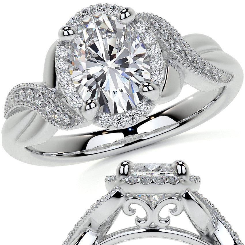 Antique Style Oval Moissanite Halo Infinity Engagement Ring with Milgrain