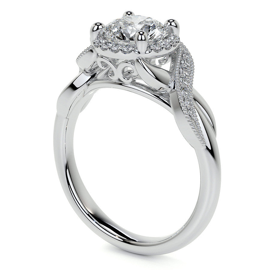 Antique Style Round Brilliant Moissanite Halo Infinity Engagement Ring with Milgrain