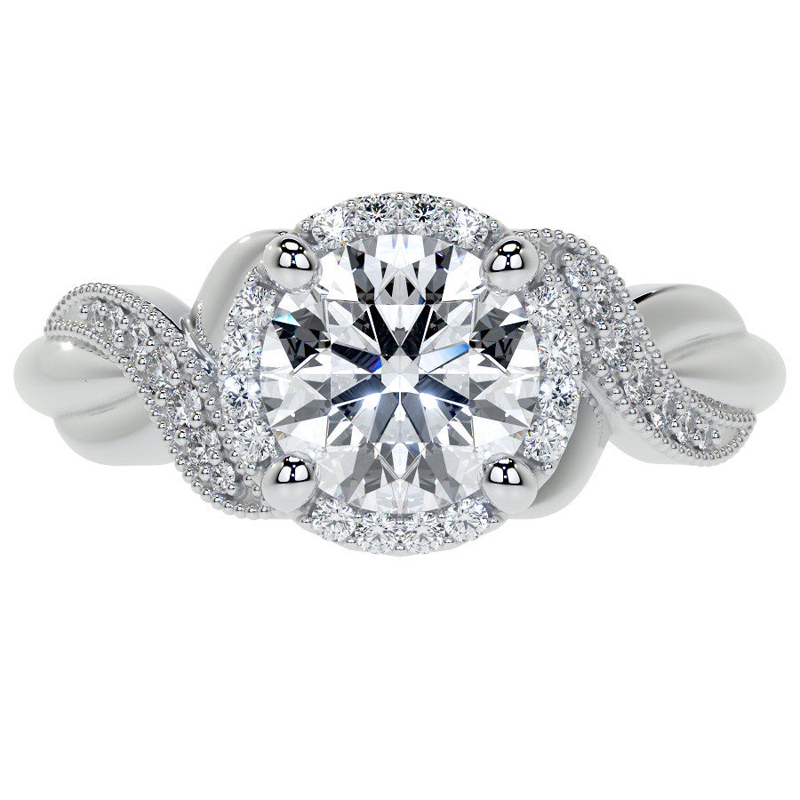 Antique Style Round Brilliant Moissanite Halo Infinity Engagement Ring with Milgrain