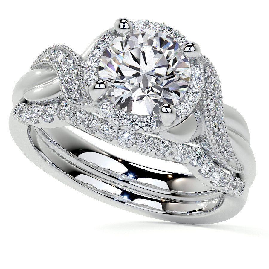 Antique Style Round Brilliant Moissanite Halo Infinity Engagement Ring with Milgrain