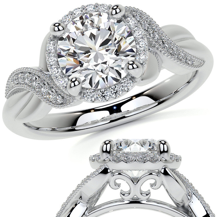 Antique Style Round Brilliant Moissanite Halo Infinity Engagement Ring with Milgrain
