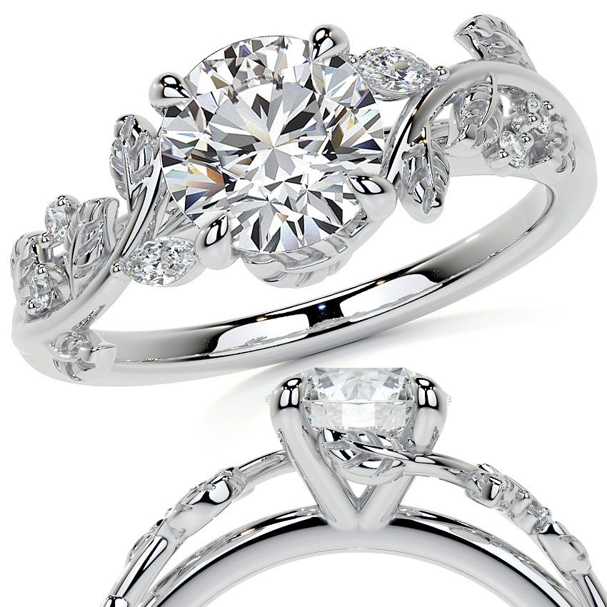 Round and Marquise Vine Inspired Moissanite Engagement Ring