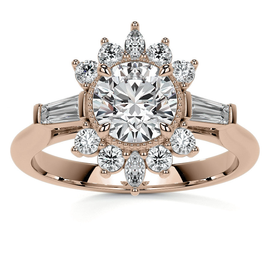 Round Brilliant Moissanite and Diamond Cluster Style Engagement Ring