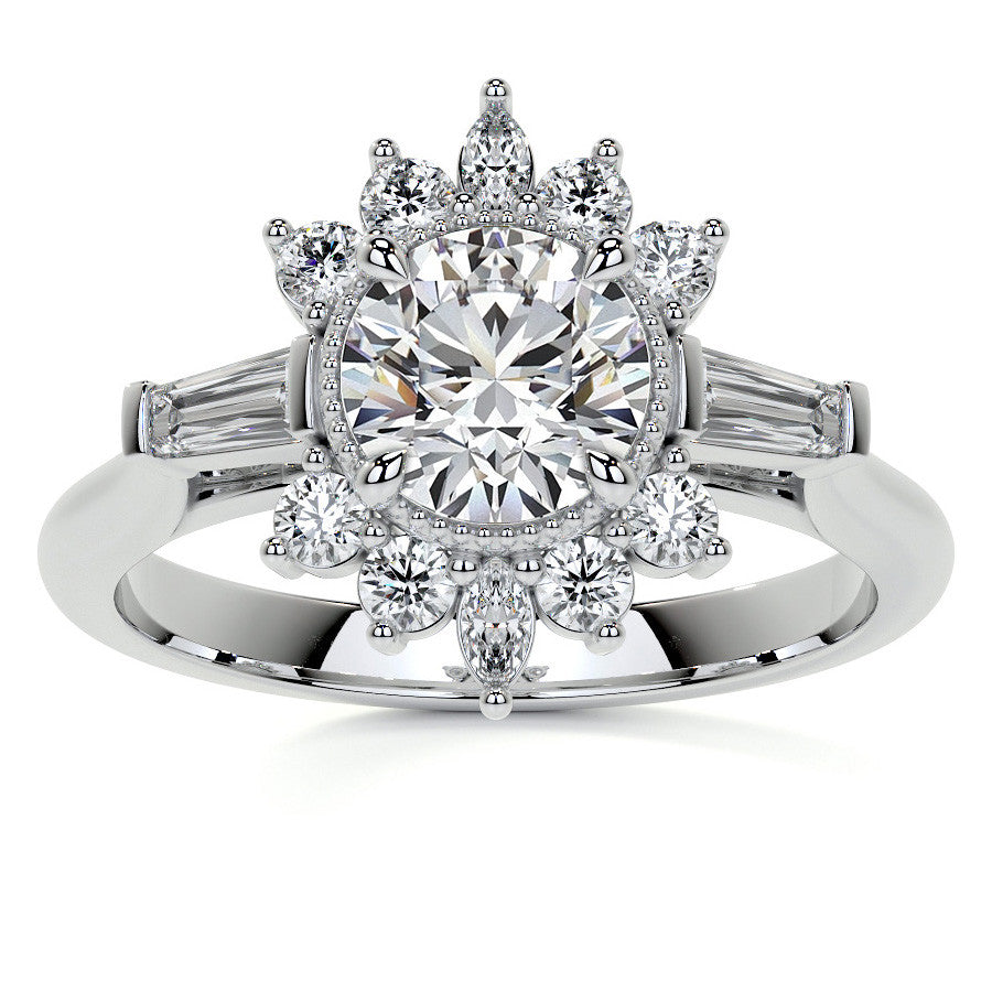 Round Brilliant Moissanite and Diamond Cluster Style Engagement Ring