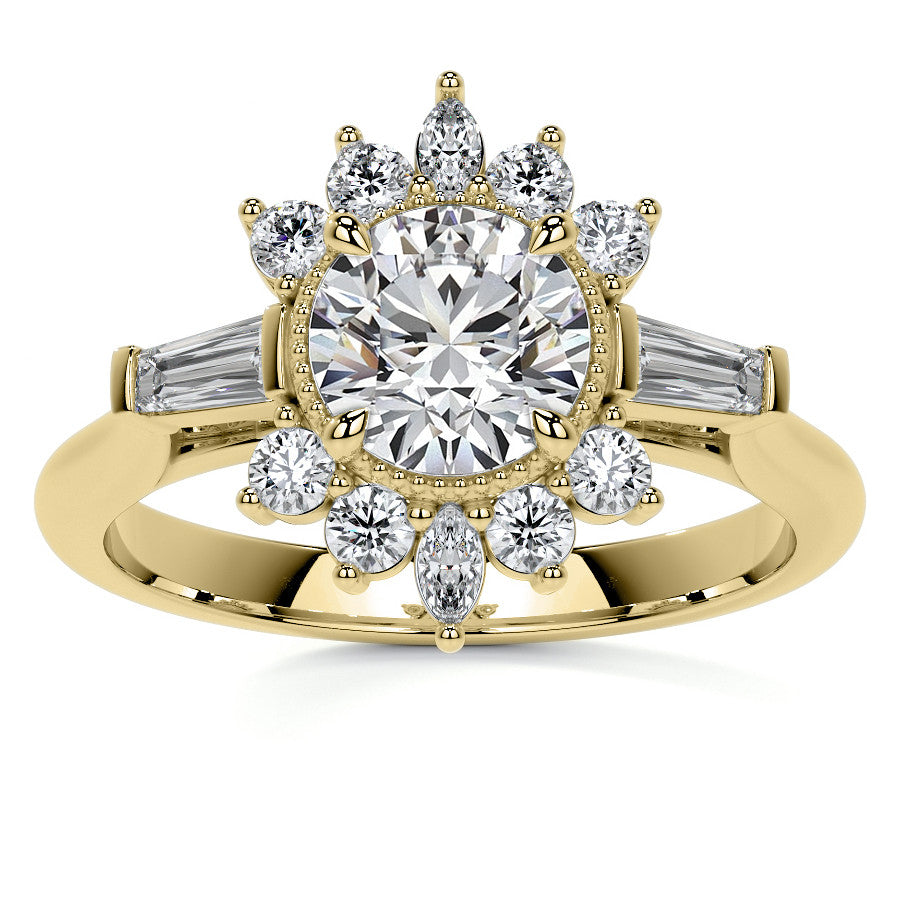 Round Brilliant Moissanite and Diamond Cluster Style Engagement Ring